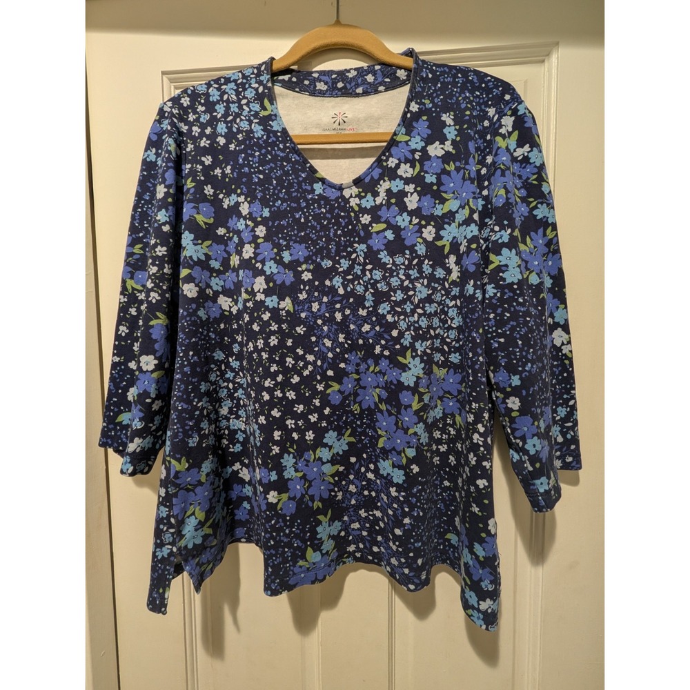 Isaac Mizrahi Live Blue All Over Multicolor Floral Print Long Sleeve Top XL